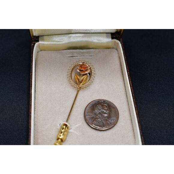Vintage Signed Rose Flower Stick Pin, 14K Gold Overlay, In Original Box - Picture 8 of 10